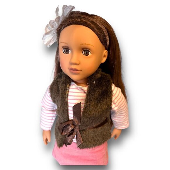 Sienna 18" Doll With Long Brown Hair Wearing Pink Skirt & Faux Fur Vest - Picture 8 of 15